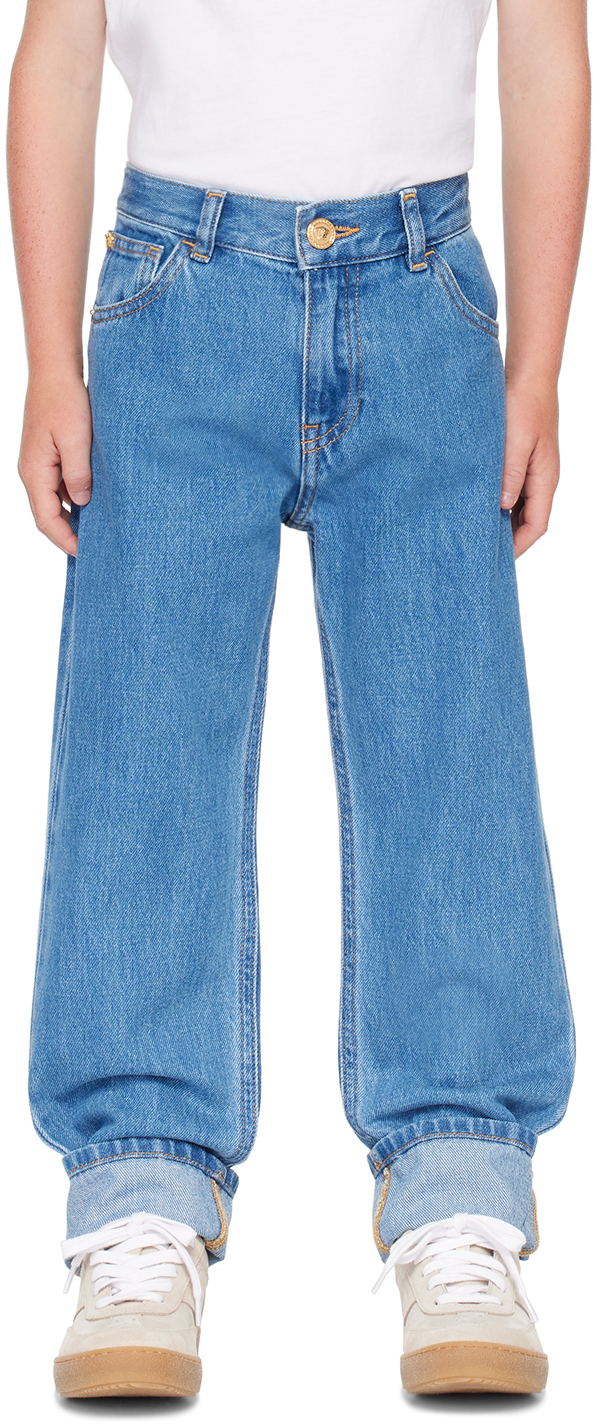 Shop Versace Kids Blue Five-pocket Jeans In 1d030-medium Blue