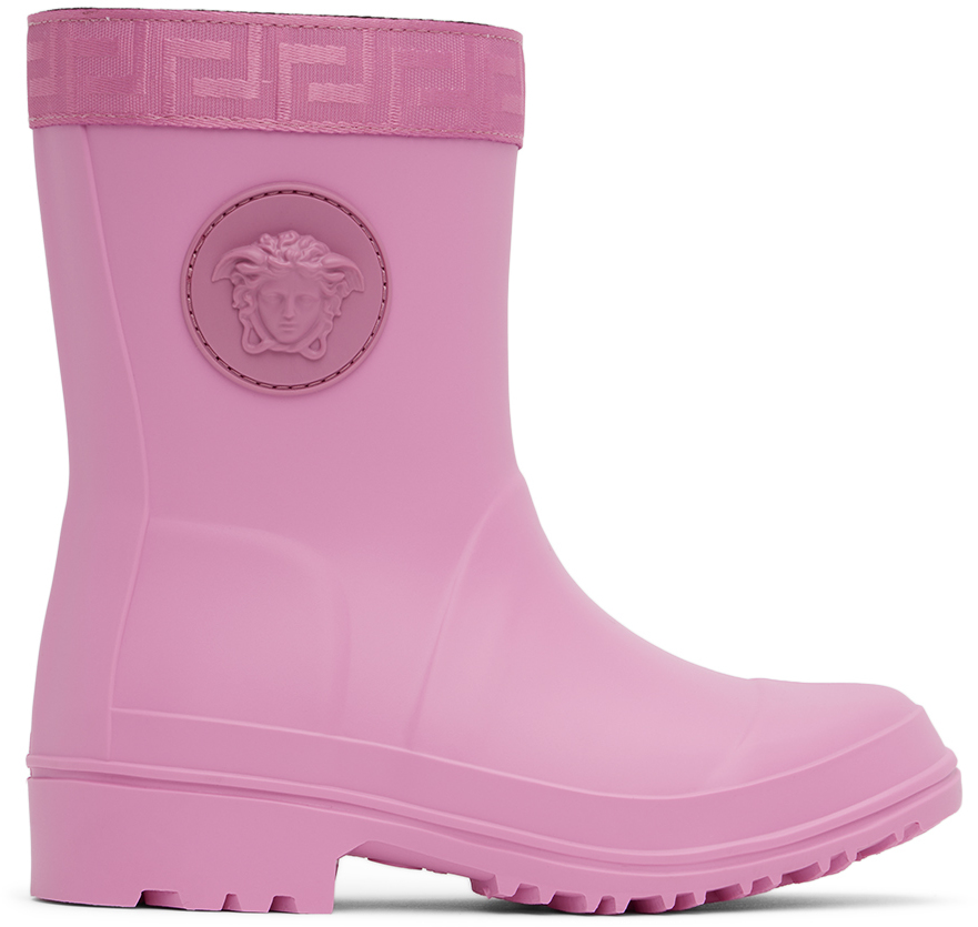 Versace Kids Pink Greca Rain Boots In 1p460-old Pink
