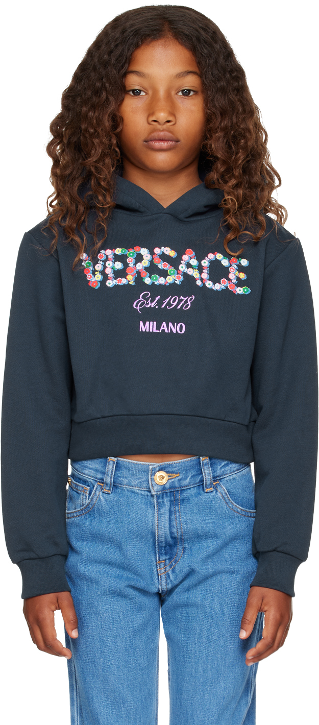 Shop Versace Kids Navy Printed Falling Flowers Logo Hoodie In 2u840-bluenavy+multi