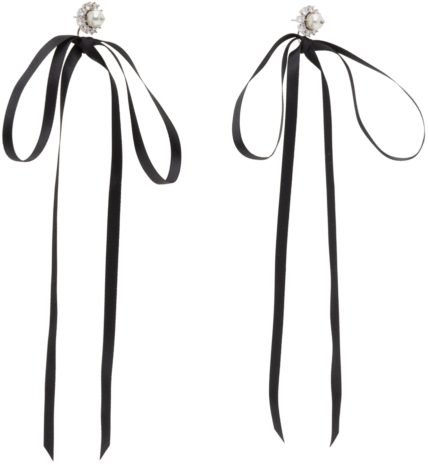 Simone Rocha Black Double Ended Daisy Bow Earrings In Pearl/crystal/black