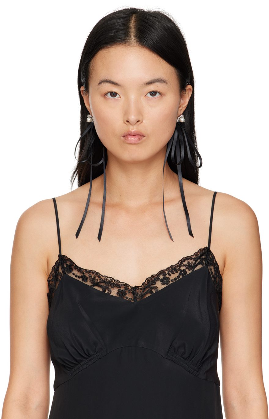 Simone Rocha Black Double Ended Daisy Bow Earrings In Pearl/crystal/black