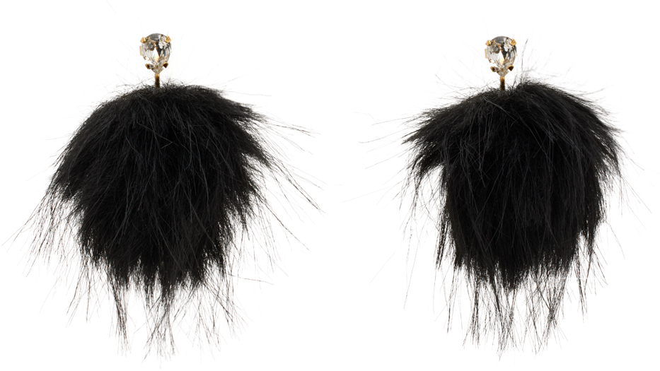 Black Crystal Stud Pompom Earrings