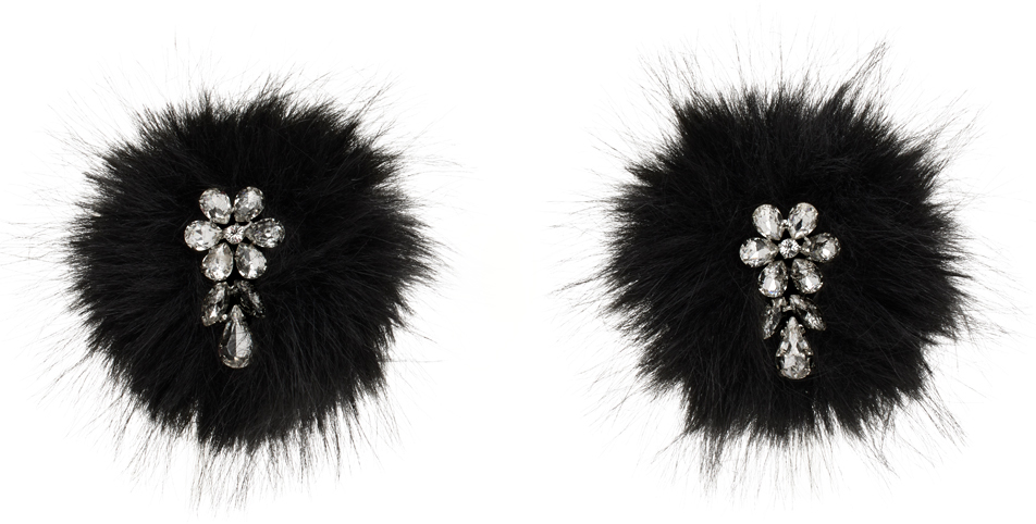 Black Crystal Flower Pompom Earrings