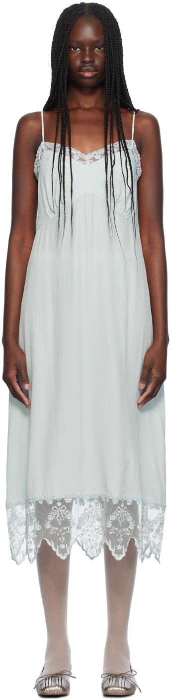 Shop Simone Rocha Blue Deep Lace Trim Slip Dress In Duck Egg