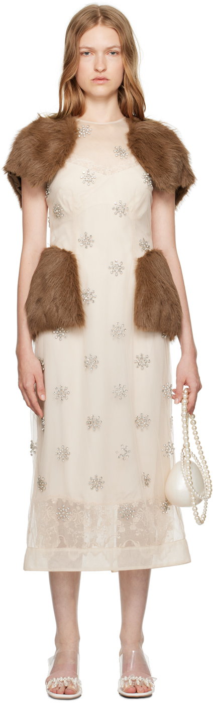 Shop Simone Rocha Beige Embellished Faux Fur Midi Dress In Nude/diamante/brown