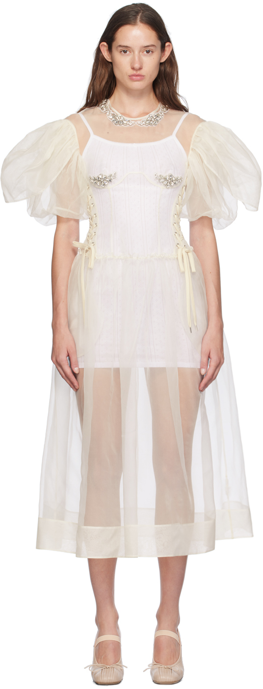 Off-White Embellished Petal Sleeve Maxi Dress