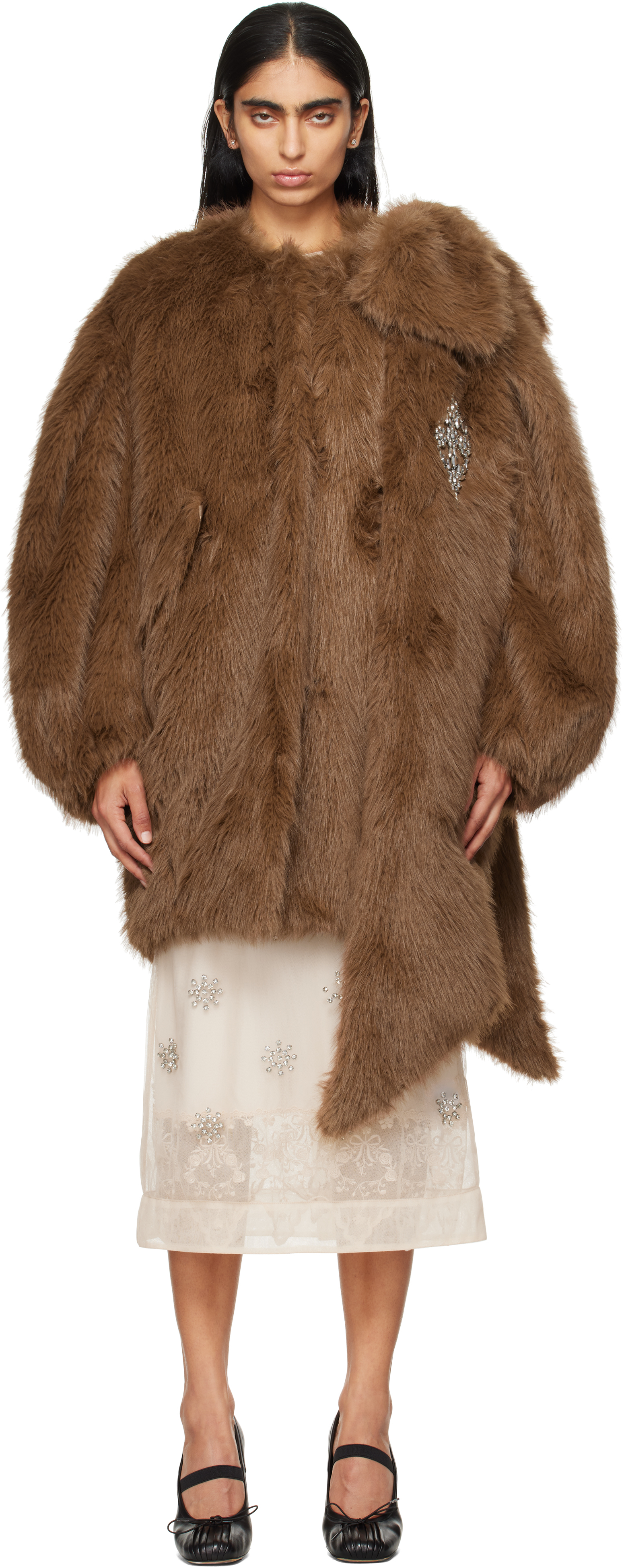 Brown Embellished Coccoon Bow Faux-Fur Coat