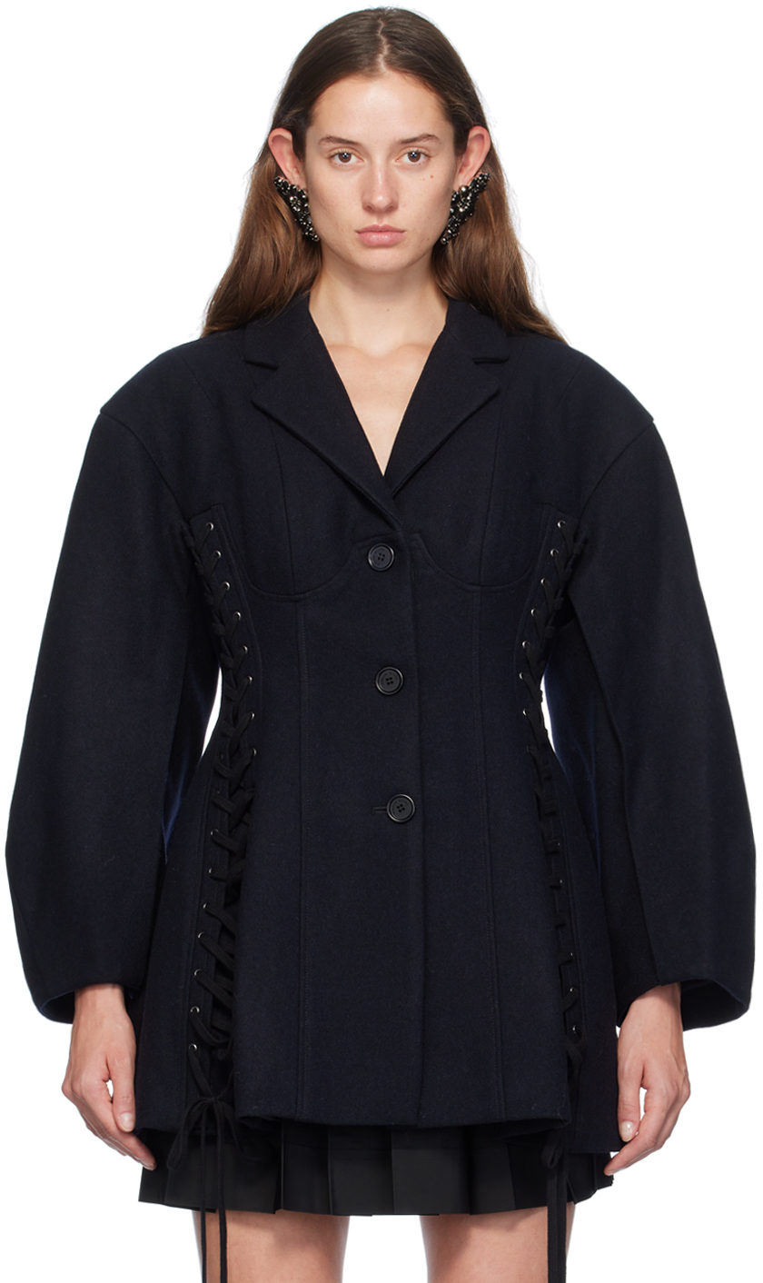 Shop Simone Rocha Navy Sculpted Lace-up Corset Jacket