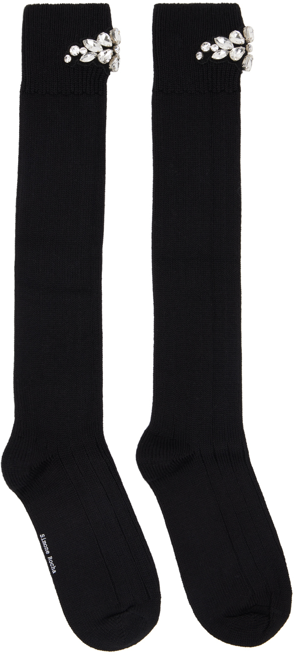 Black Flower Crystal Emblem Knee High Socks