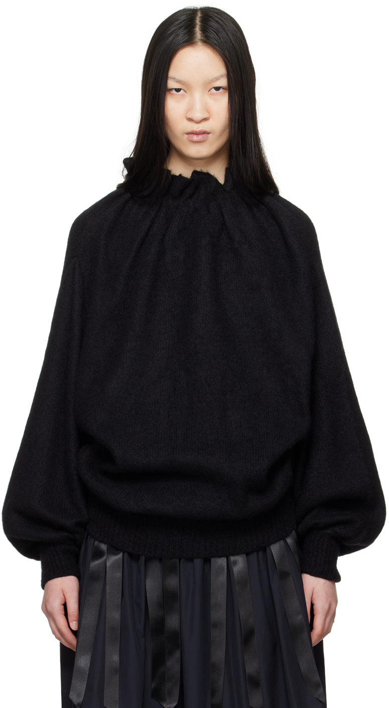 Black Gathered Pleated Neck Sweater