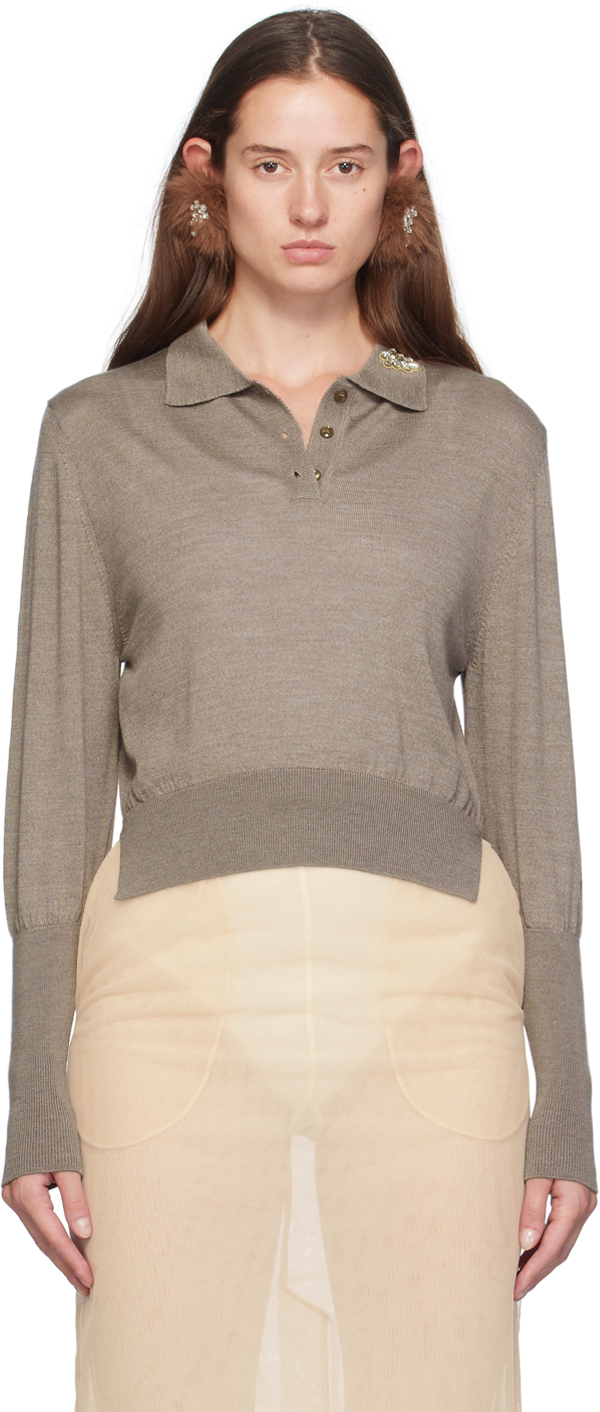 Shop Simone Rocha Brown Merino Silk Knit Long Sleeve Polo In Clay/clear