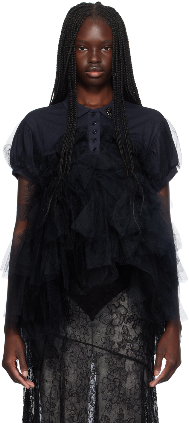 Shop Simone Rocha Navy Puff Sleeve Tulle Frill Polo In Navy/black/jet