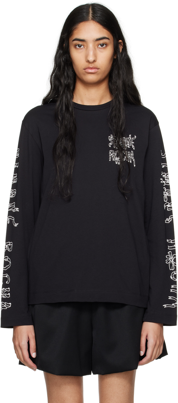 Shop Simone Rocha Black Ribbon Logo Print Long Sleeve T-shirt In Black/black/white