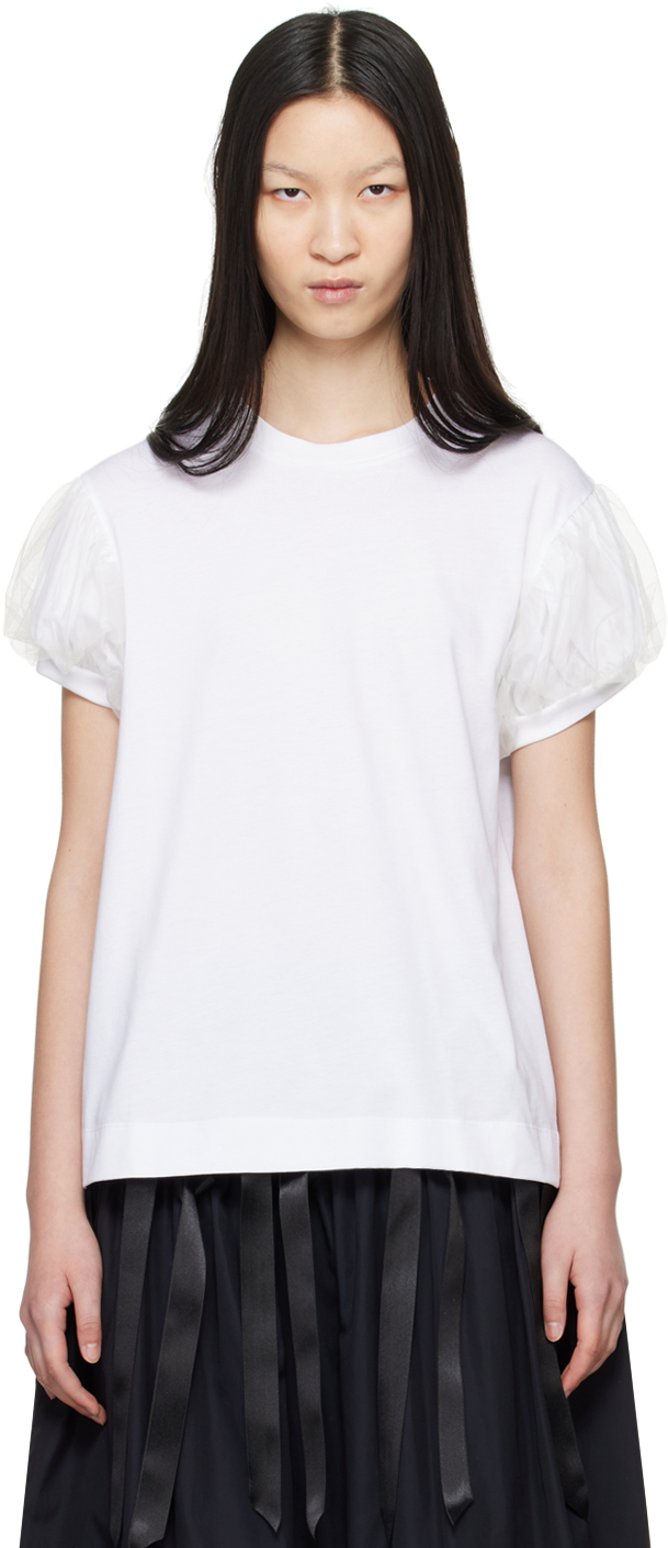 White Tulle Overlay Puff Sleeve T-Shirt