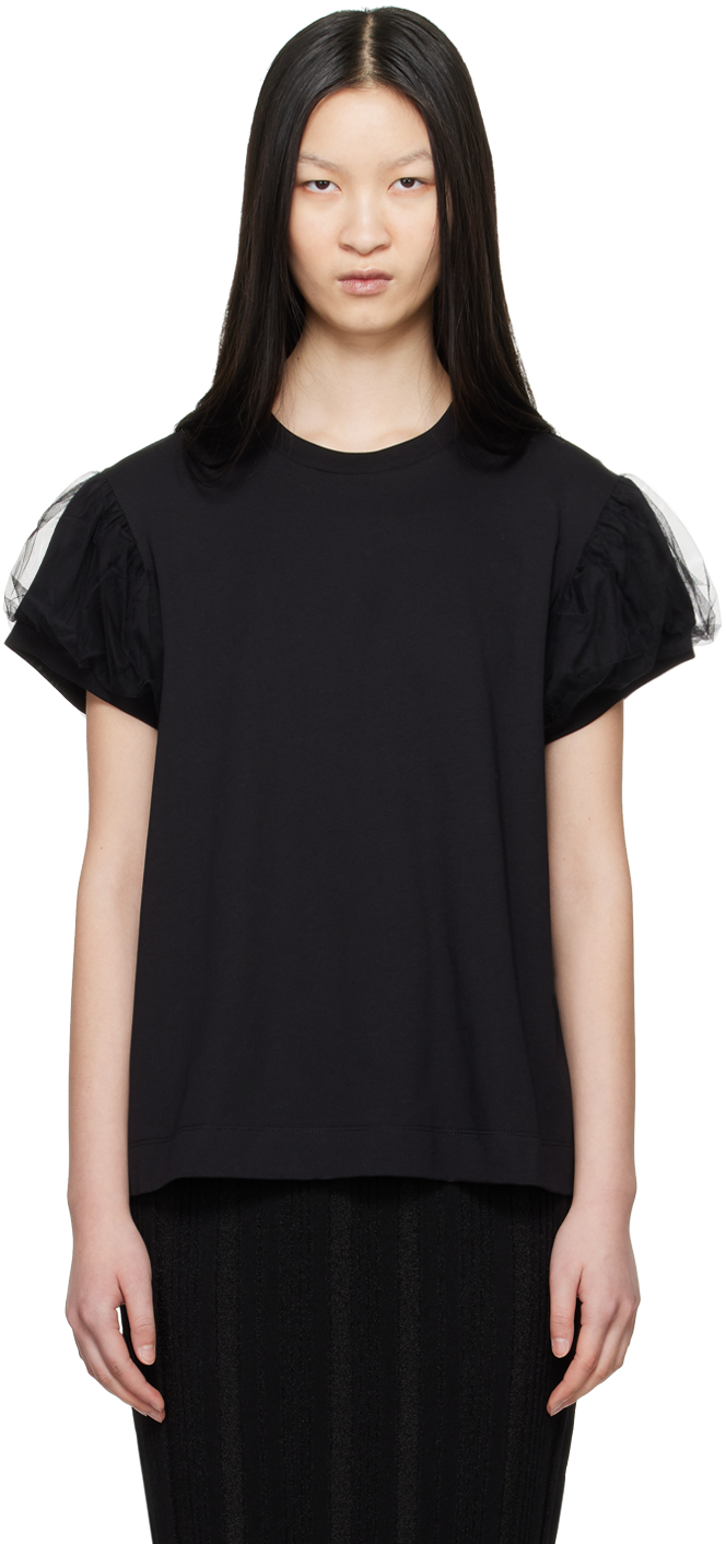 Black Tulle Overlay Puff Sleeve T-Shirt