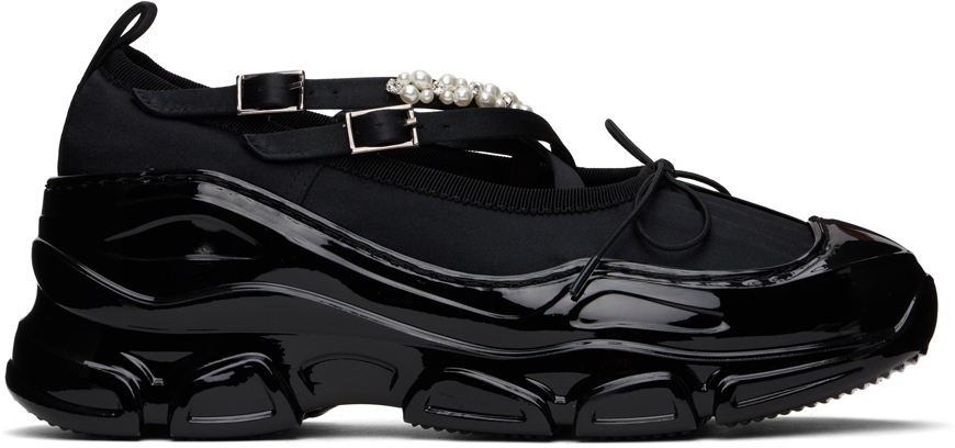 Shop Simone Rocha Black Beaded Tracker Ballerina Sneakers In Black/clear/pearl