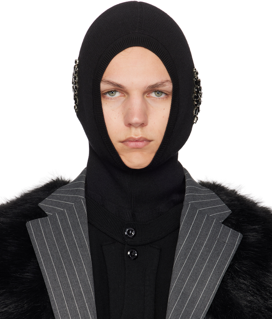 Shop Simone Rocha Black Pointed Merino Silk Knit Balaclava In Black/jet