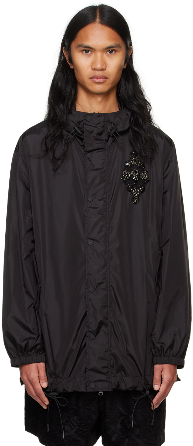 Black Embellished Button Placket Parka