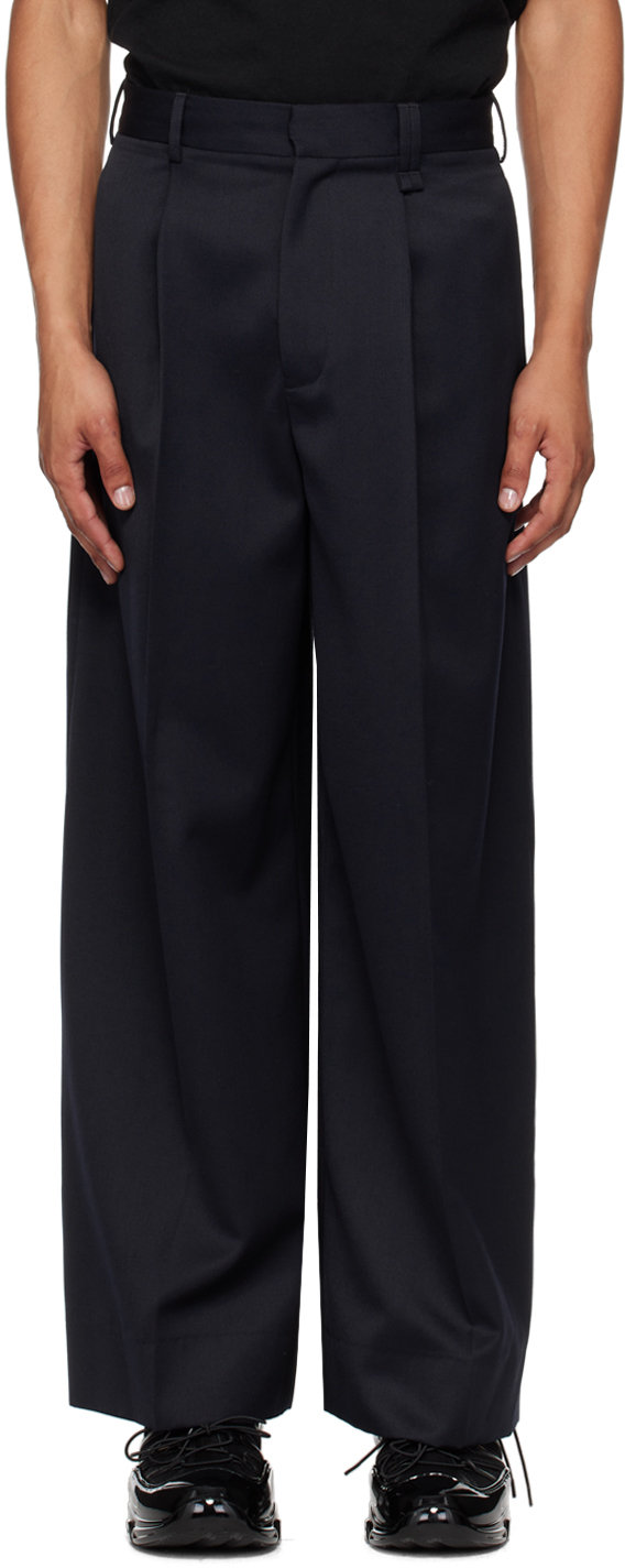 Navy Pleated Wide Leg Trousers