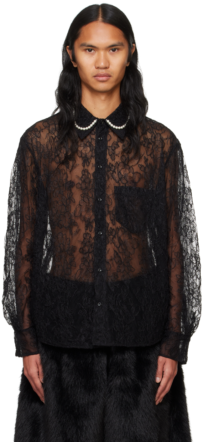 Simone Rocha Black Sheer Pearl Classic Fit Shirt In Black/pearl