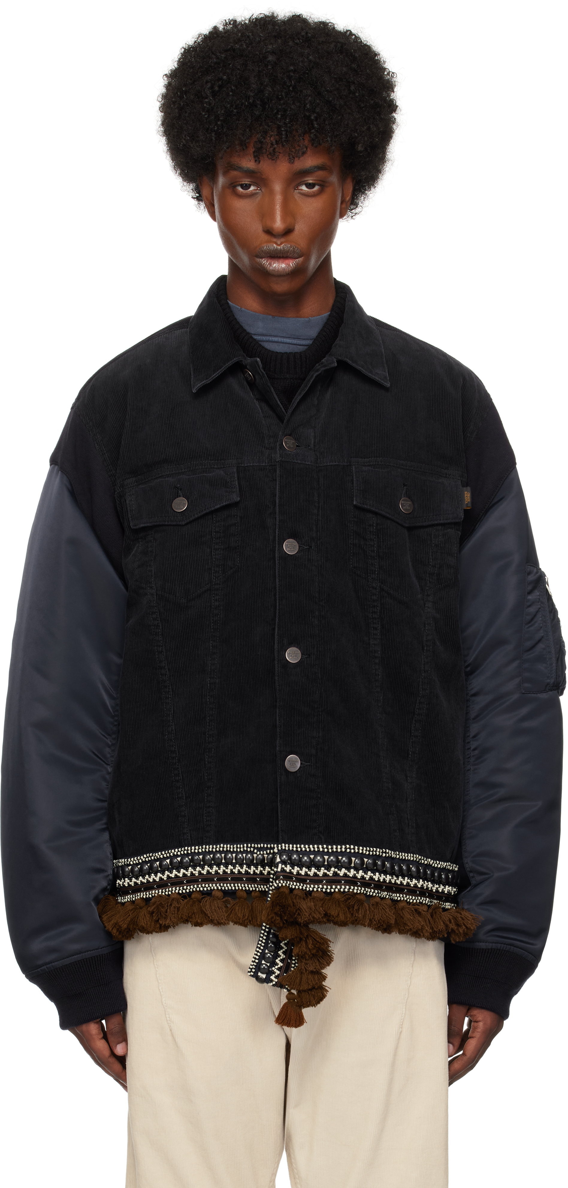 Shop Undercover Navy Contrast Hem Bomber Jacket