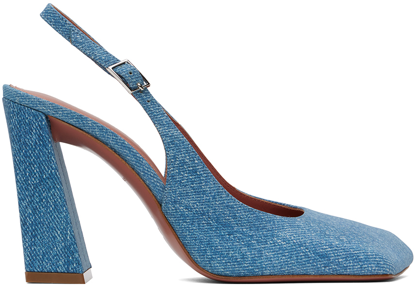 Shop Amina Muaddi Blue Sling Suede Heels In Denim