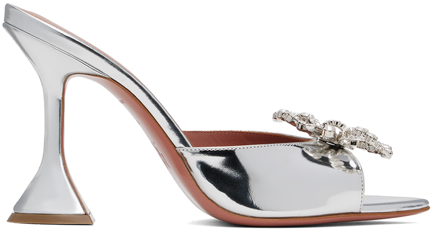 Shop Amina Muaddi Silver Rosie Slipper Heeled Sandals