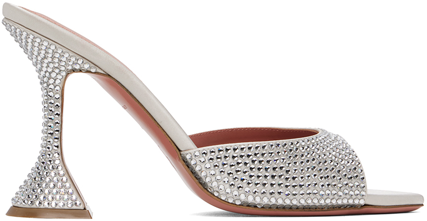 Shop Amina Muaddi Silver Caroline Crystal Slipper Heeled Sandals