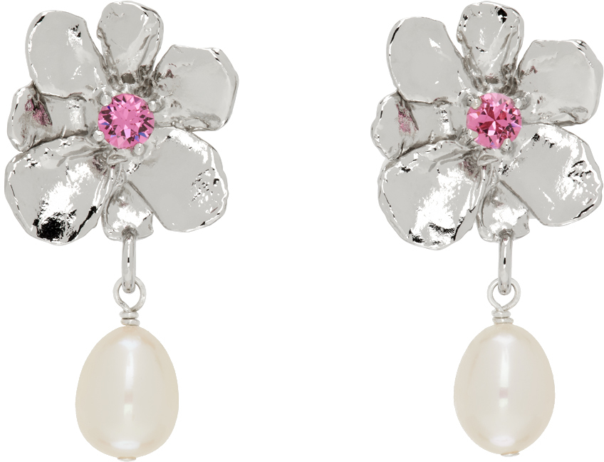Silver Flower Pearl Drop Earrings
