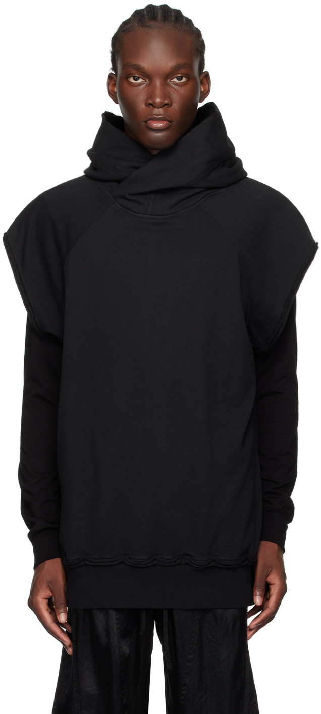 Black Cotton Raw Edge Hoodie