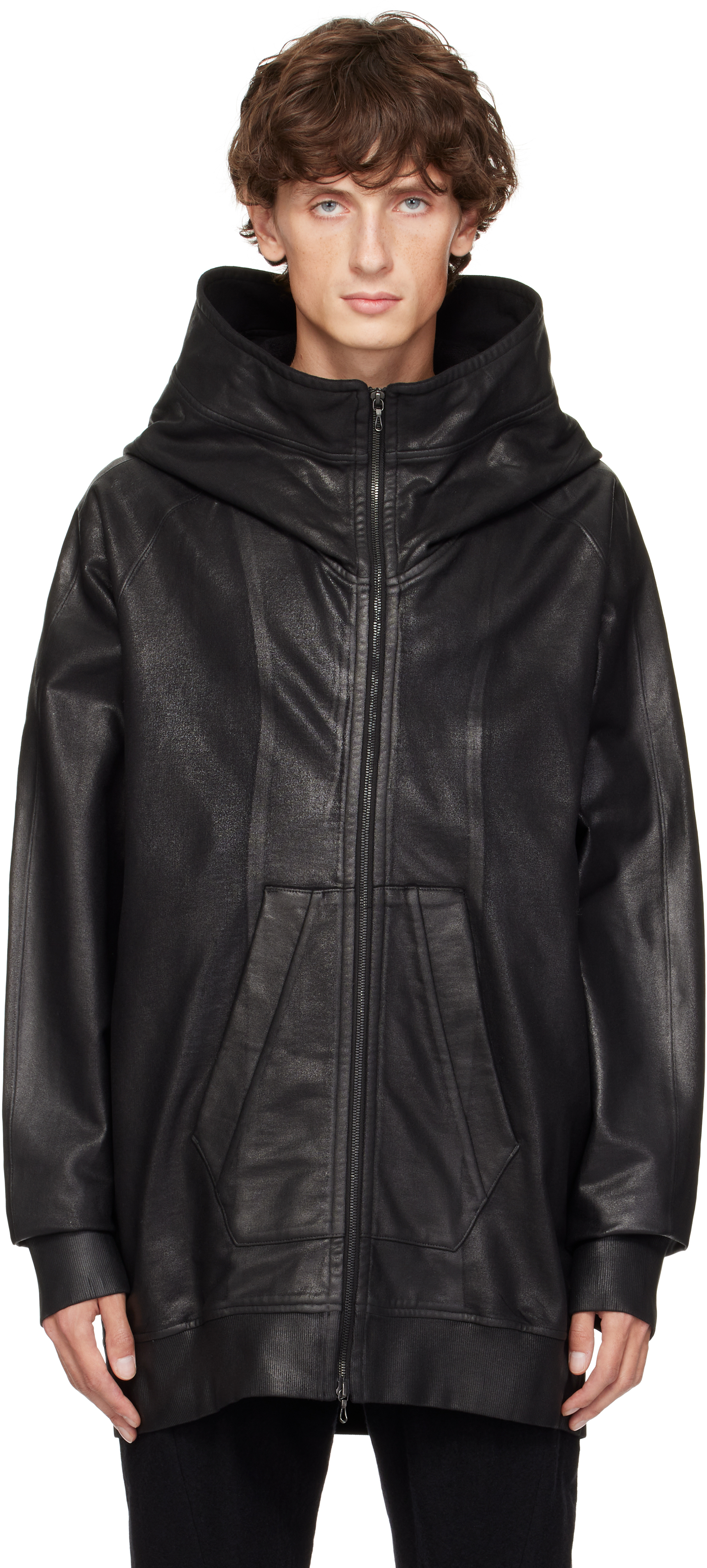 Shop Julius Black Coated Hooded Jacket