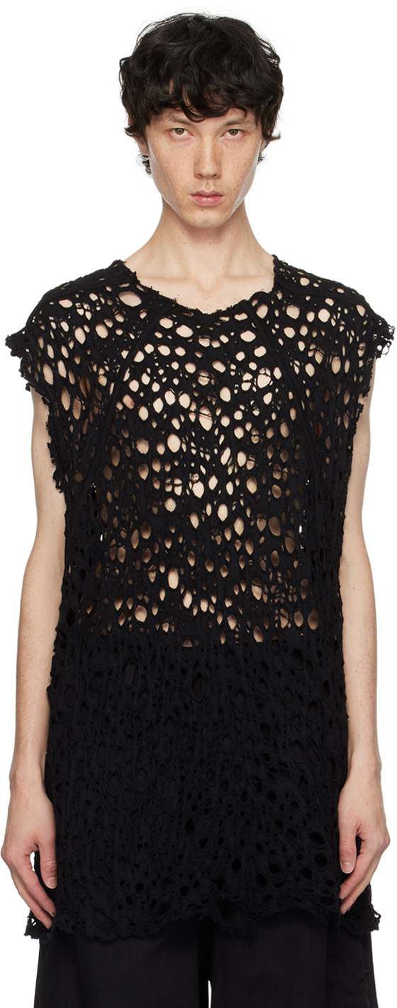 Black Wool Damage Jacquard Frayed T-shirt by Julius on Sale