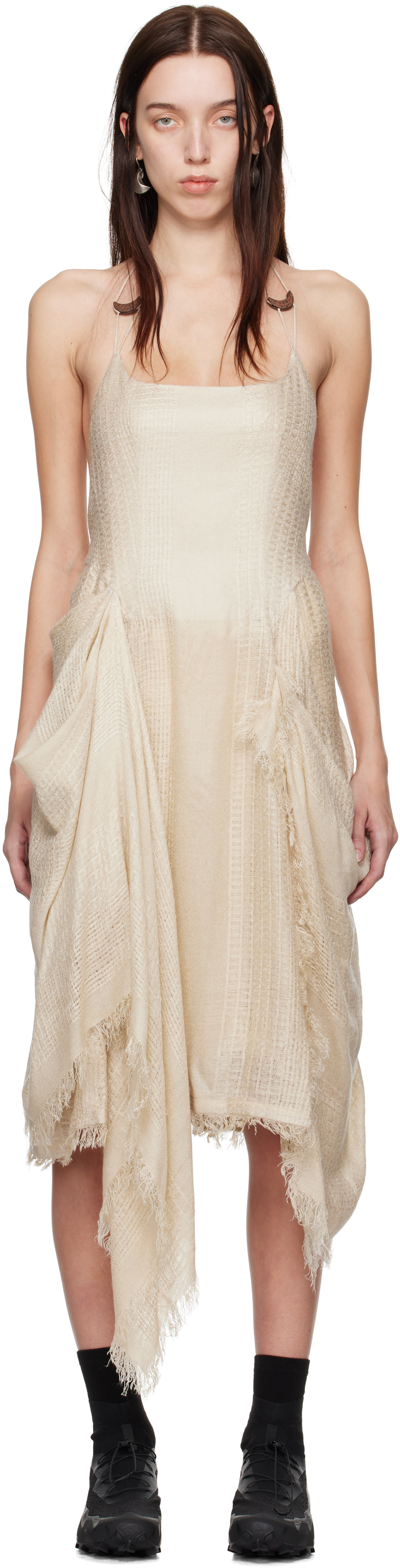 Beige Fringed Crescent Midi Dress