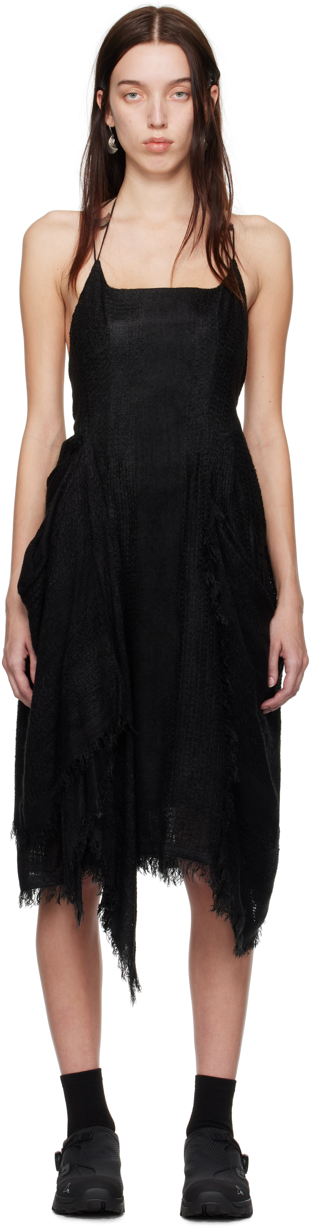 HYEIN SEO BLACK FRINGED CRESCENT MIDI DRESS 