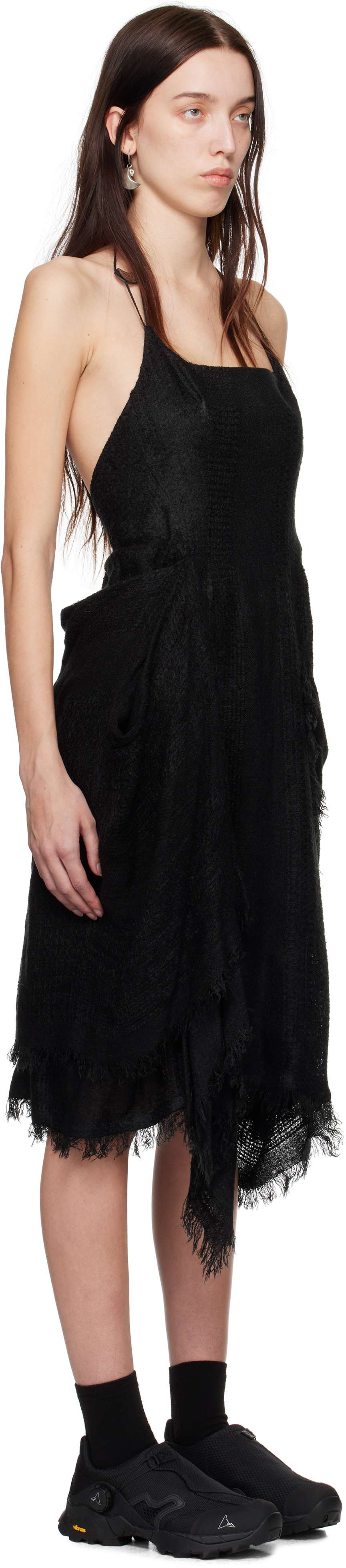 HYEIN SEO BLACK FRINGED CRESCENT MIDI DRESS 