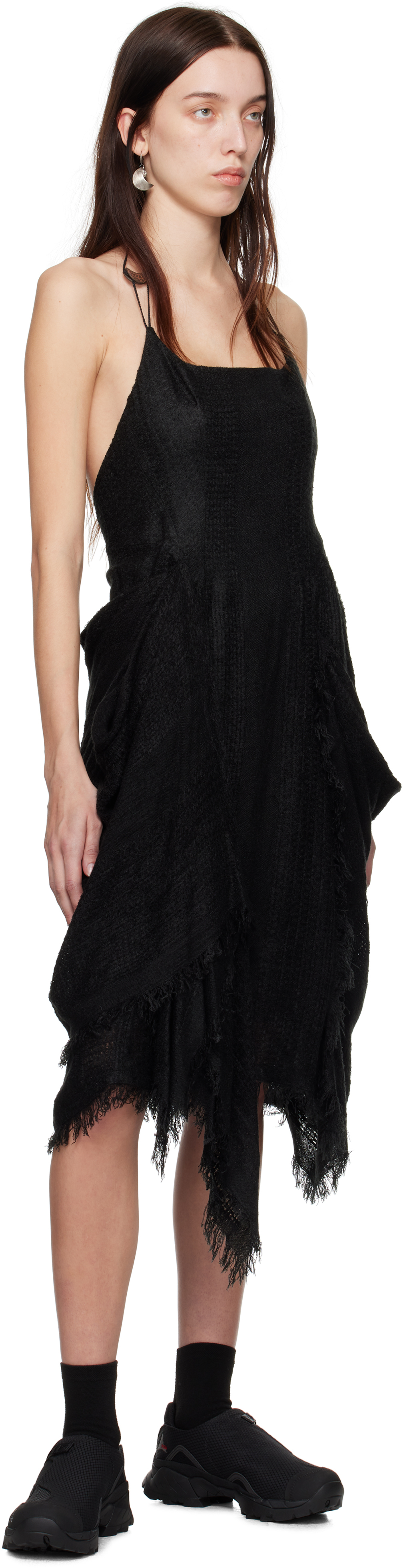 HYEIN SEO BLACK FRINGED CRESCENT MIDI DRESS 