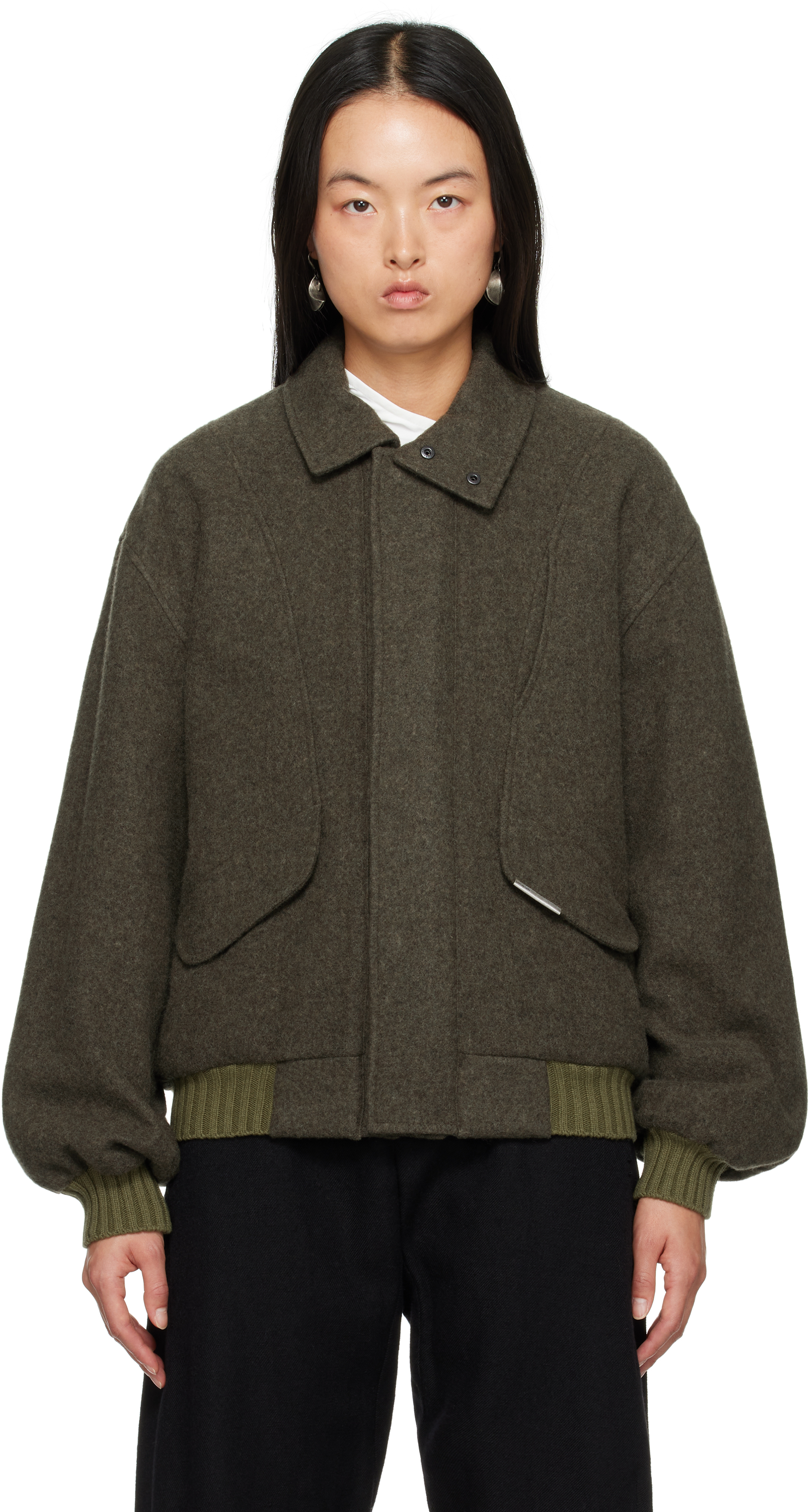 Shop Hyein Seo Khaki Wool Bomber Jacket