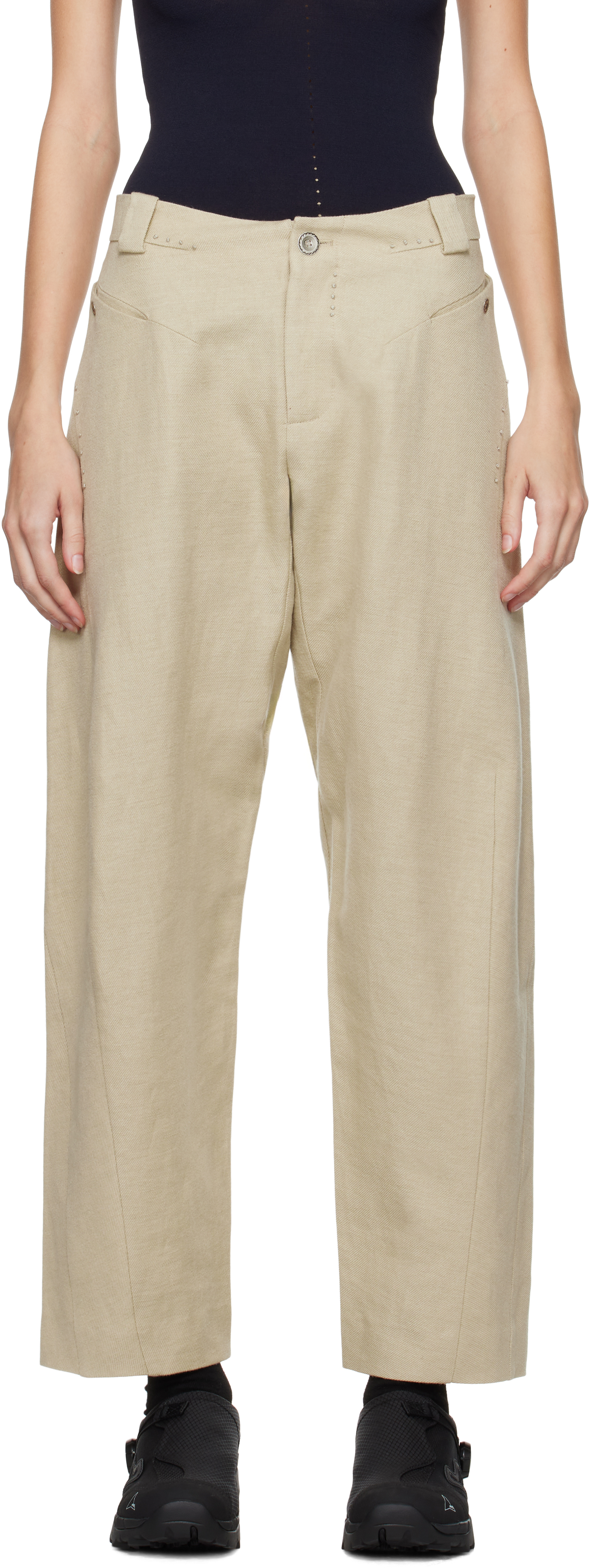 Shop Hyein Seo Beige Bent Trousers