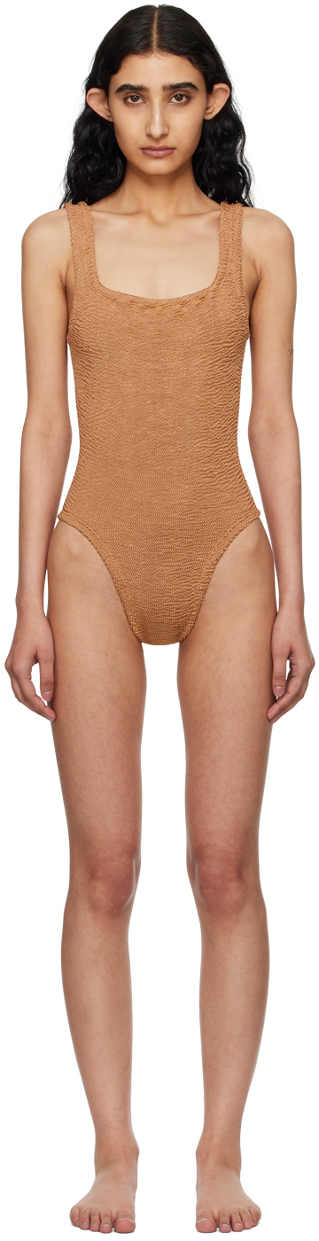 Shop Hunza G Brown Square Neck Swimsuit In Metallic Cocoa