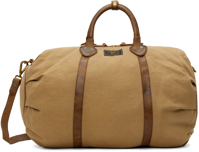 Beige Leather Trim Canvas Duffle Bag