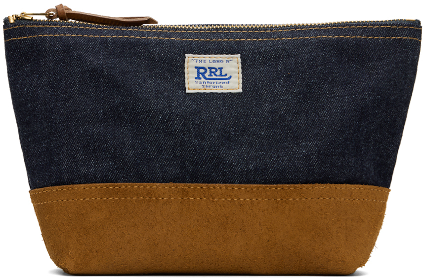 RRL: Indigo & Brown Suede-Trim Denim Pouch | SSENSE