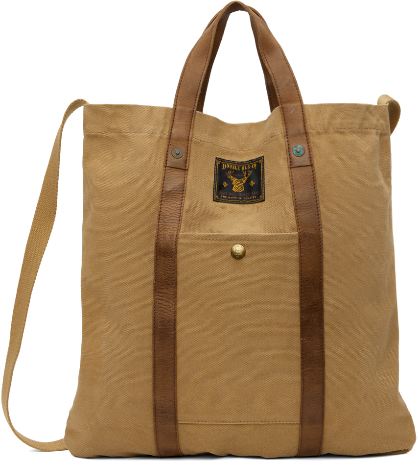 Beige Leather Trim Canvas Tote