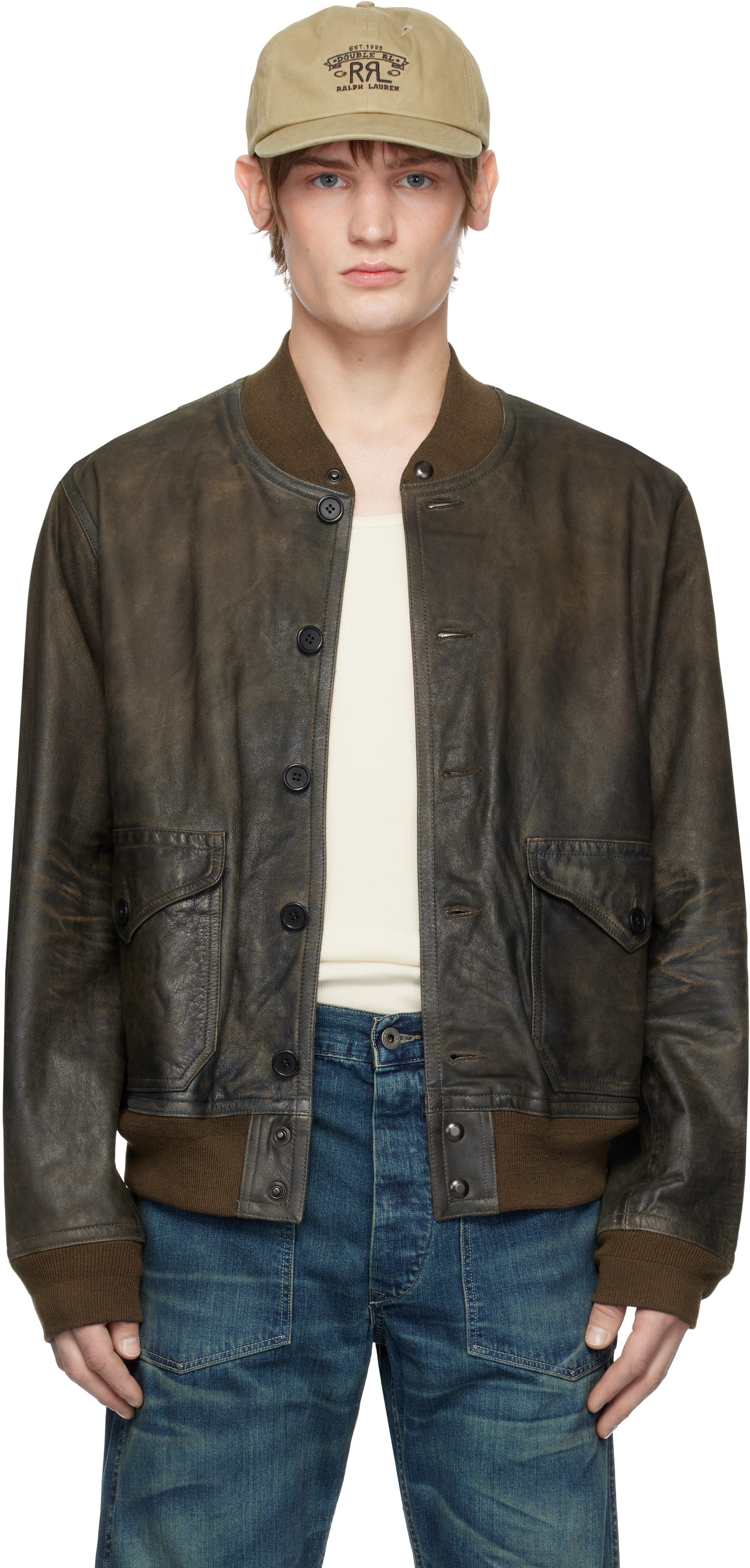 Brown Indigo Leather Bomber Jacket