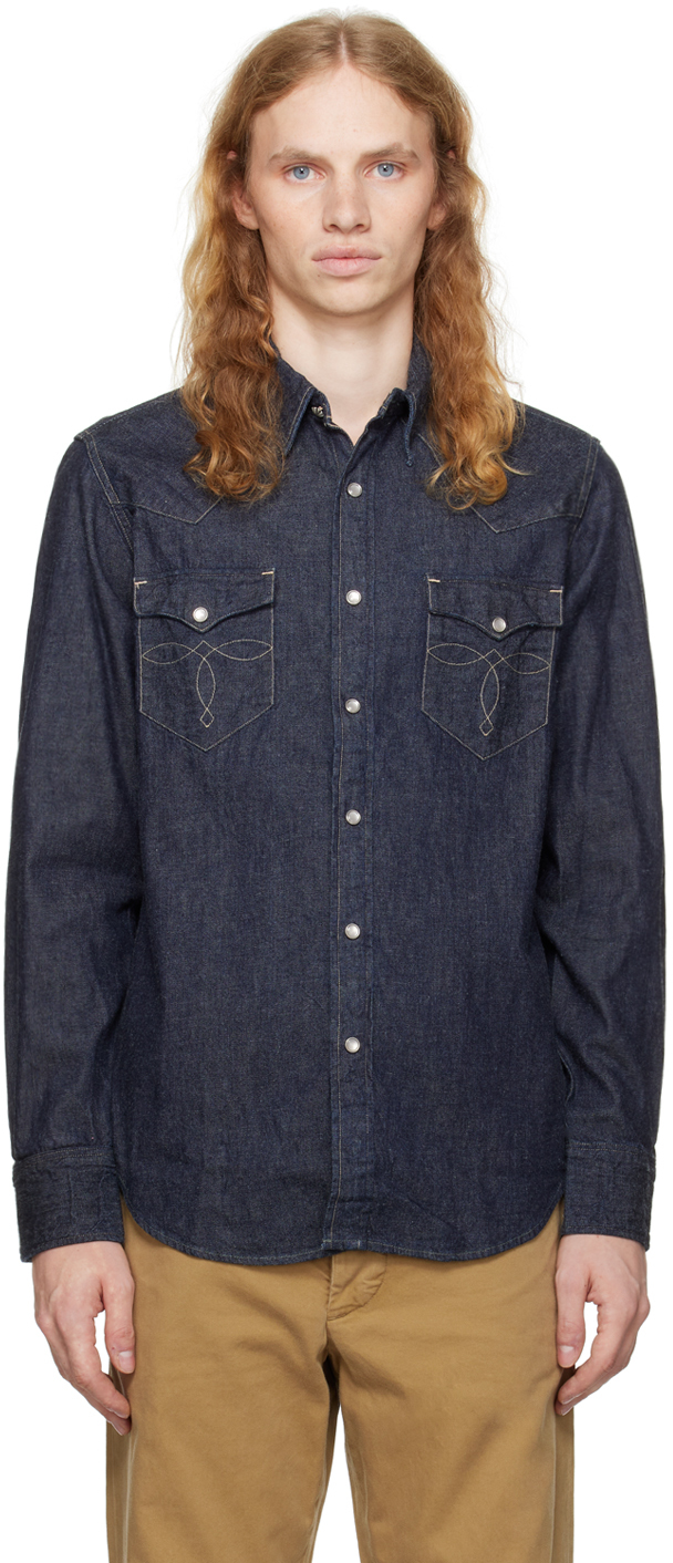 Shop Rrl Blue Slim Fit Western Denim Shirt In Rinse