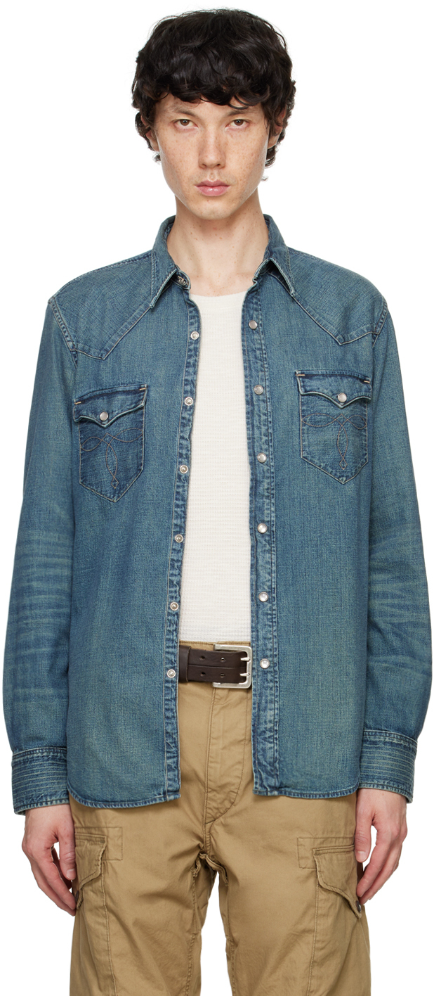 Shop Rrl Blue Slim Fit Western Denim Shirt In Dark Wash