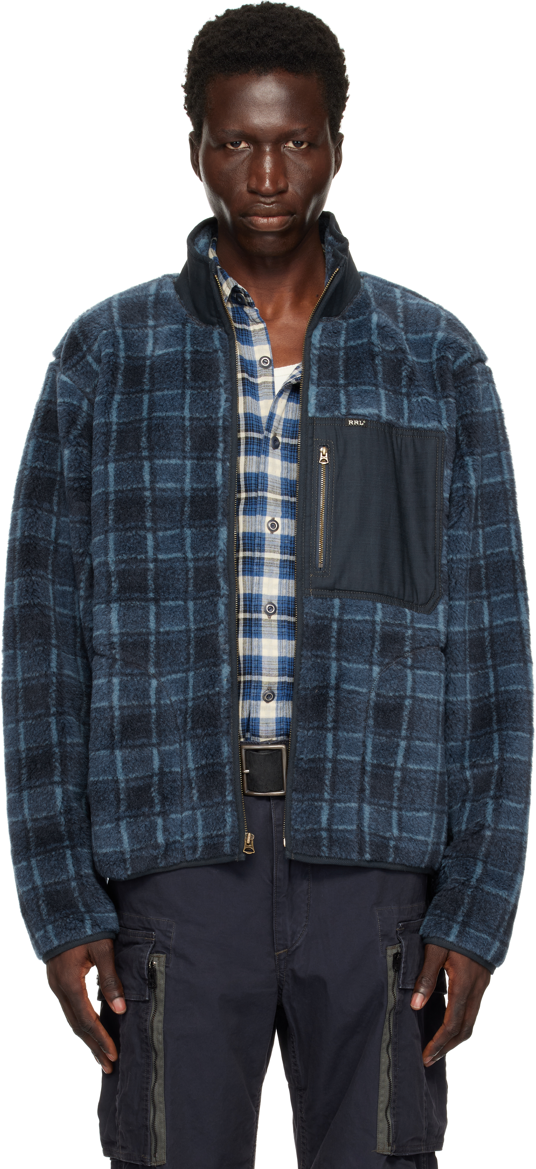 Navy Plaid Wool-Blend Pile Fleece Jacket