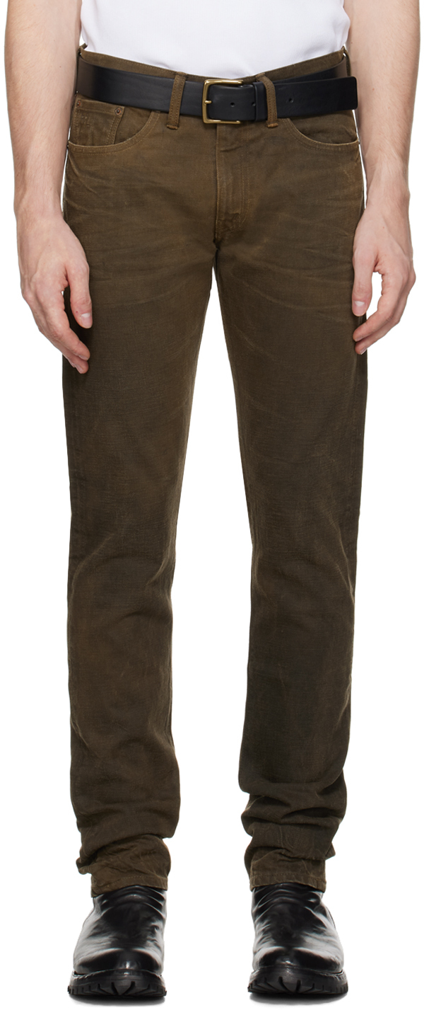 Shop Rrl Brown Slim-fit Distressed Jeans In Dstressd Brown Wash