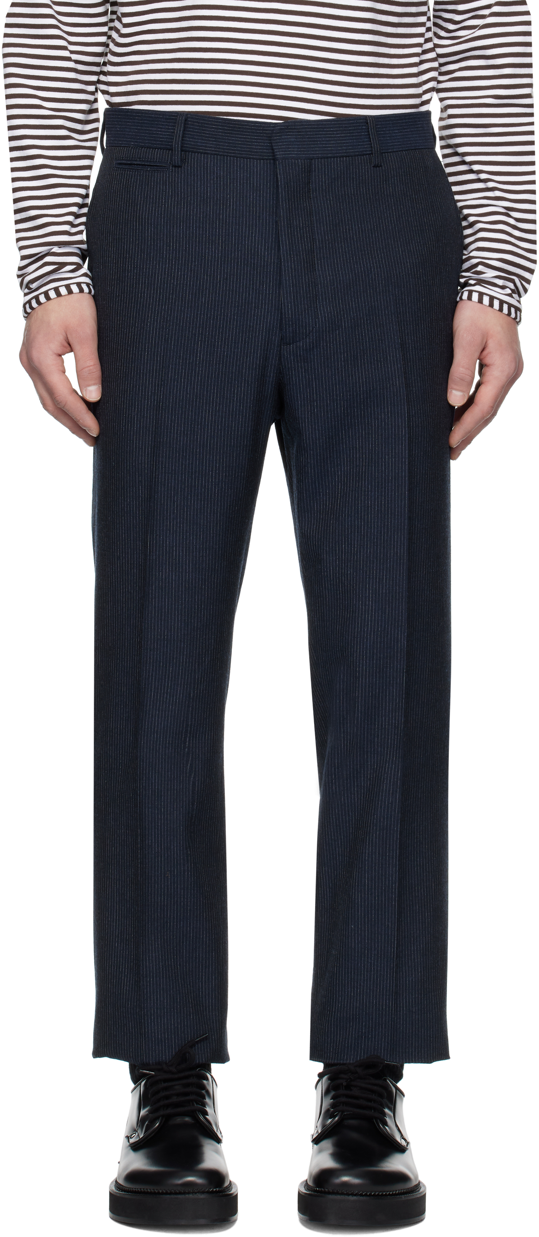 Navy Slim Striped Herringbone Suit Trousers