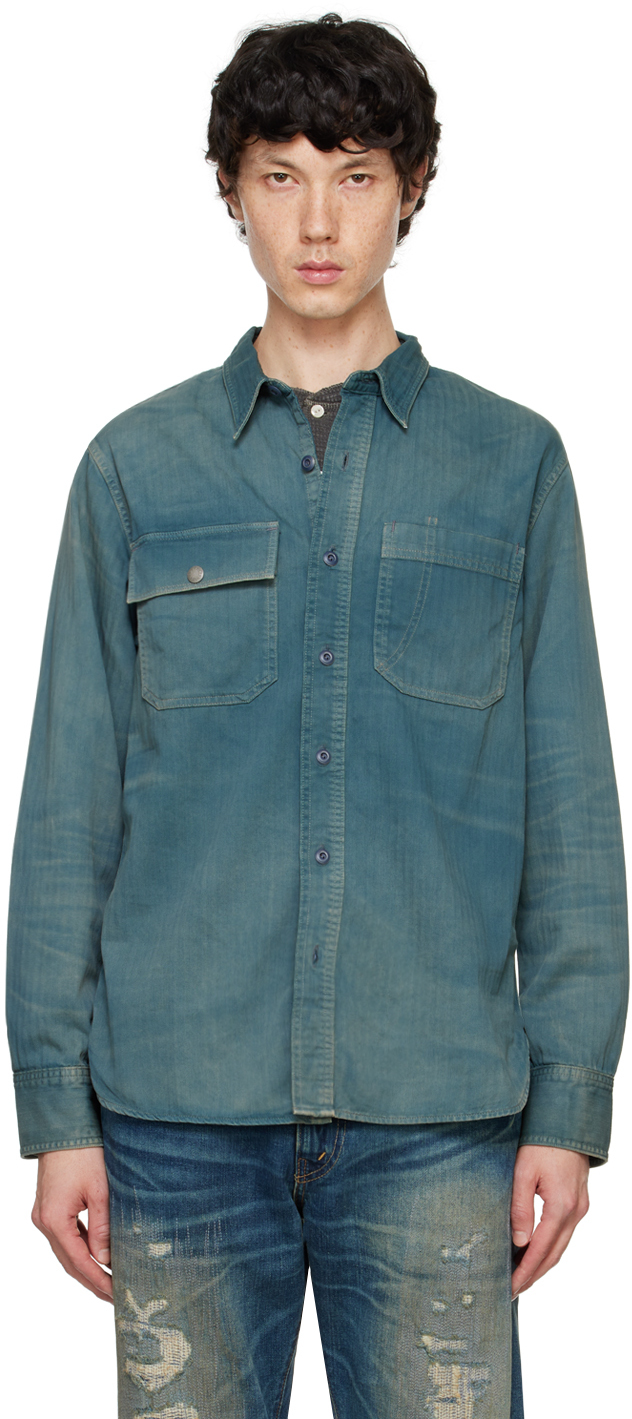 Shop Rrl Blue Garment-dyed Herringbone Twill Shirt In Slate Blue