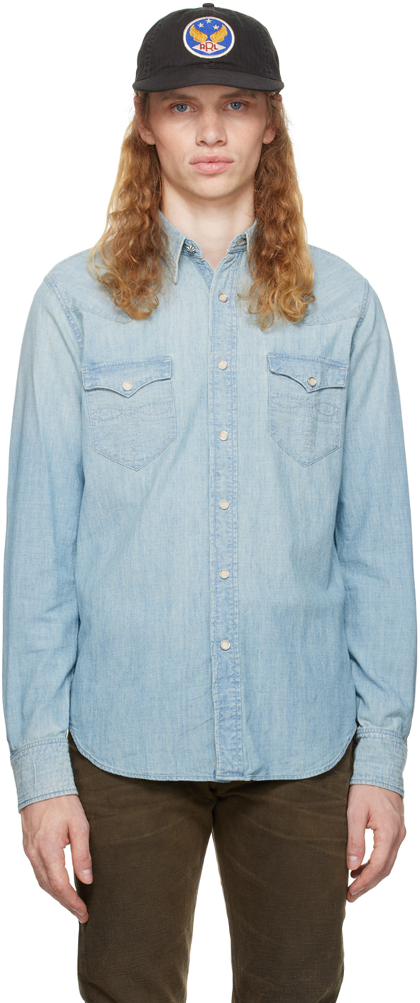 Blue Slim Fit Chambray Western Shirt